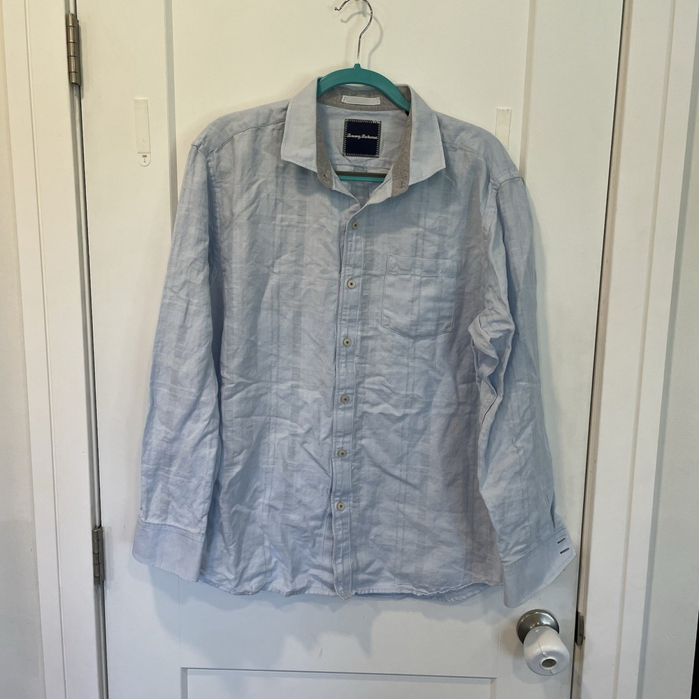 Tommy Bahama Plaid Button Down Linen/Cotton Shirt Blue Men's Size Large